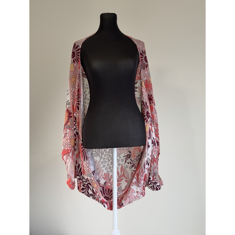 Anthropologie Floral Kimono Cover Up One Size Pink Burgundy Boho Draped Rayon